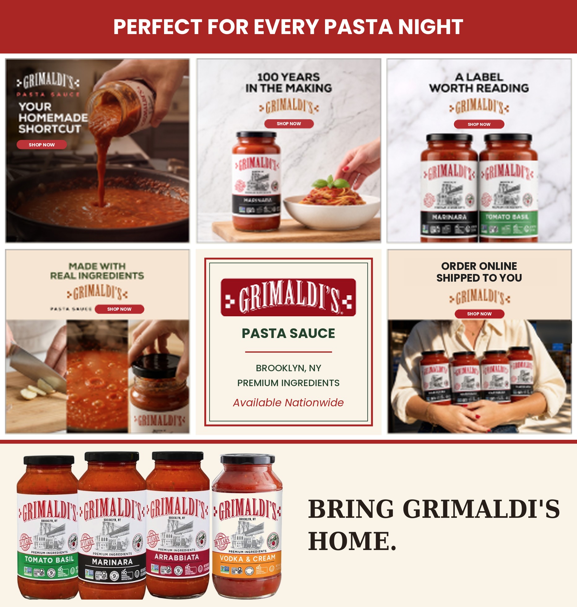 Grimaldi's pasta sauce, available nationwide and now at Walmart: Tomato Basil, Marinara, Arrabbiata and Vodka & Cream. Bring Grimaldi's home.