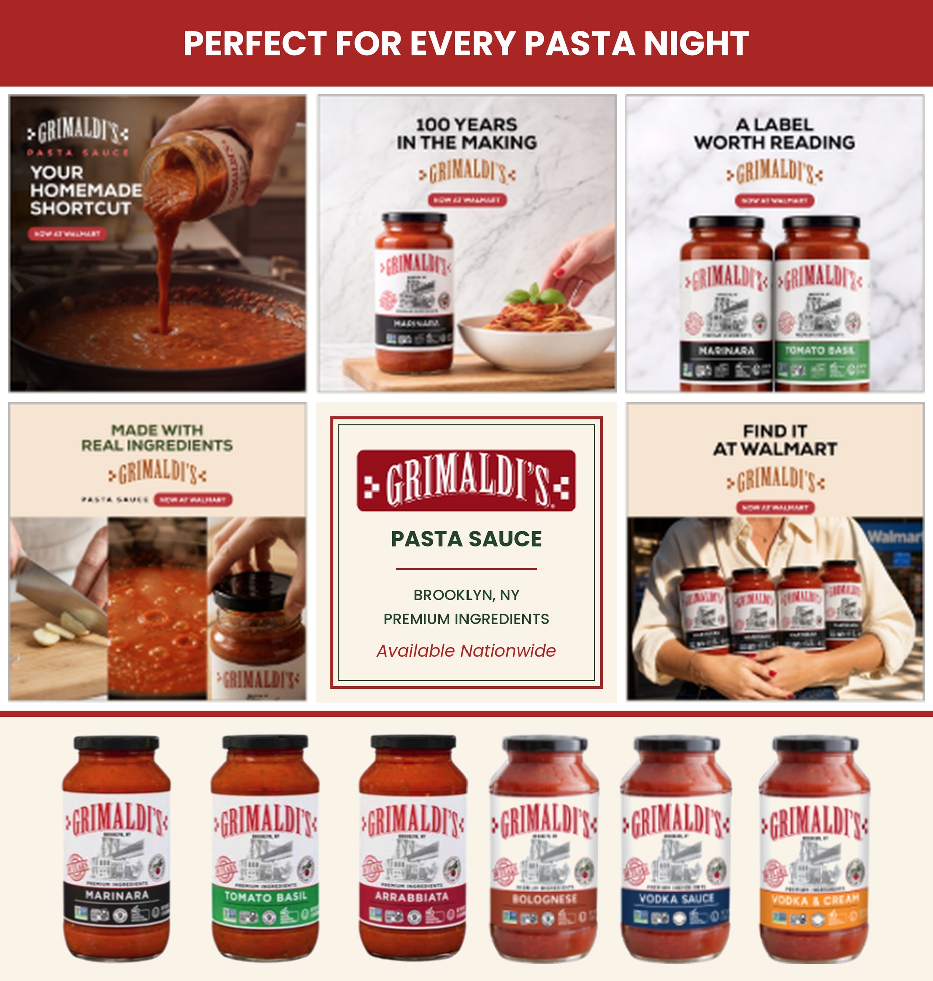 Grimaldi's pasta sauce, available nationwide: Marinara, Tomato Basil, Arrabbiata, Bolognese, Vodka Sauce and Vodka & Cream
