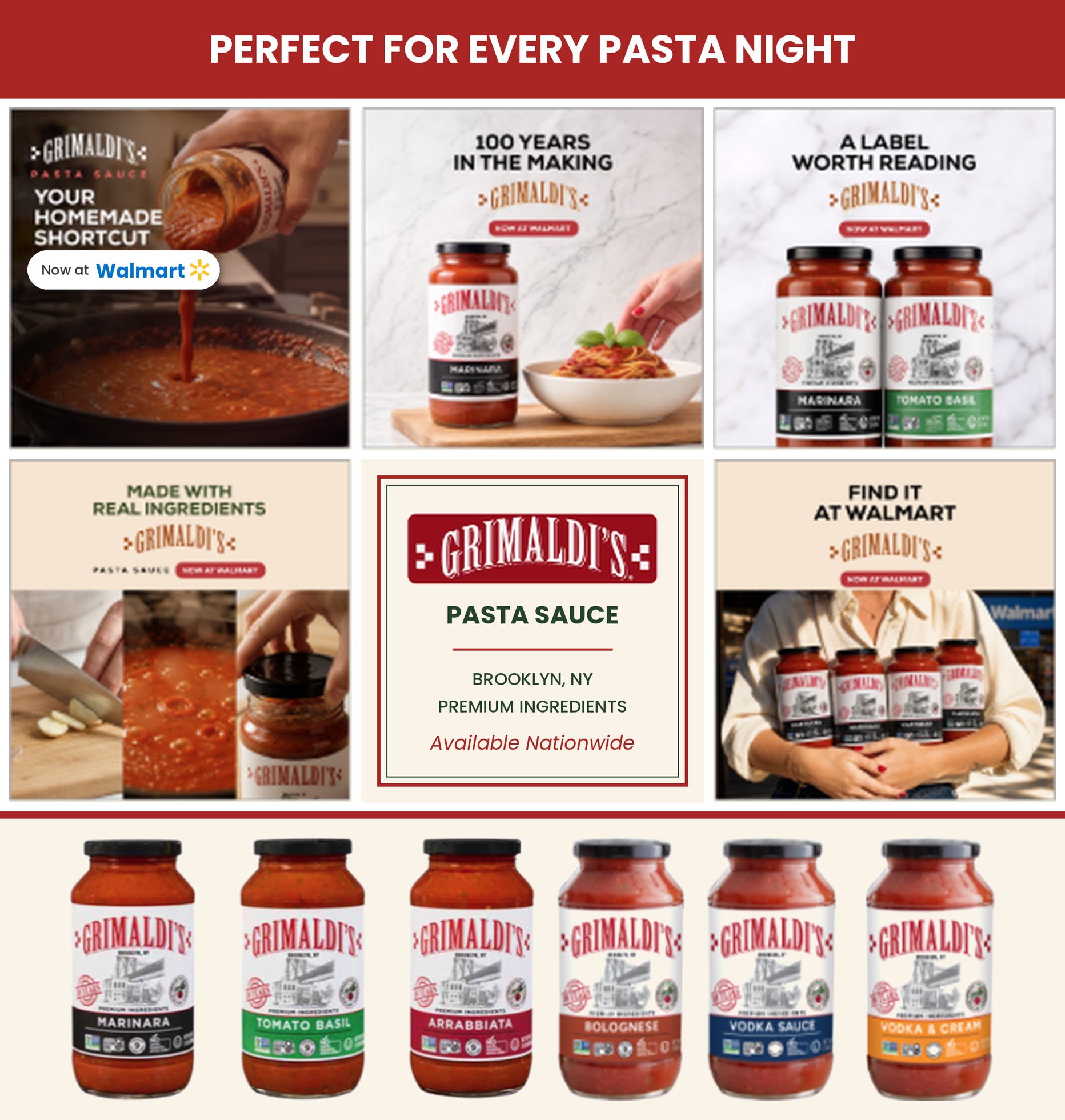 Grimaldi's pasta sauce, available nationwide and now at Walmart: Marinara, Tomato Basil, Arrabbiata, Bolognese, Vodka Sauce and Vodka & Cream