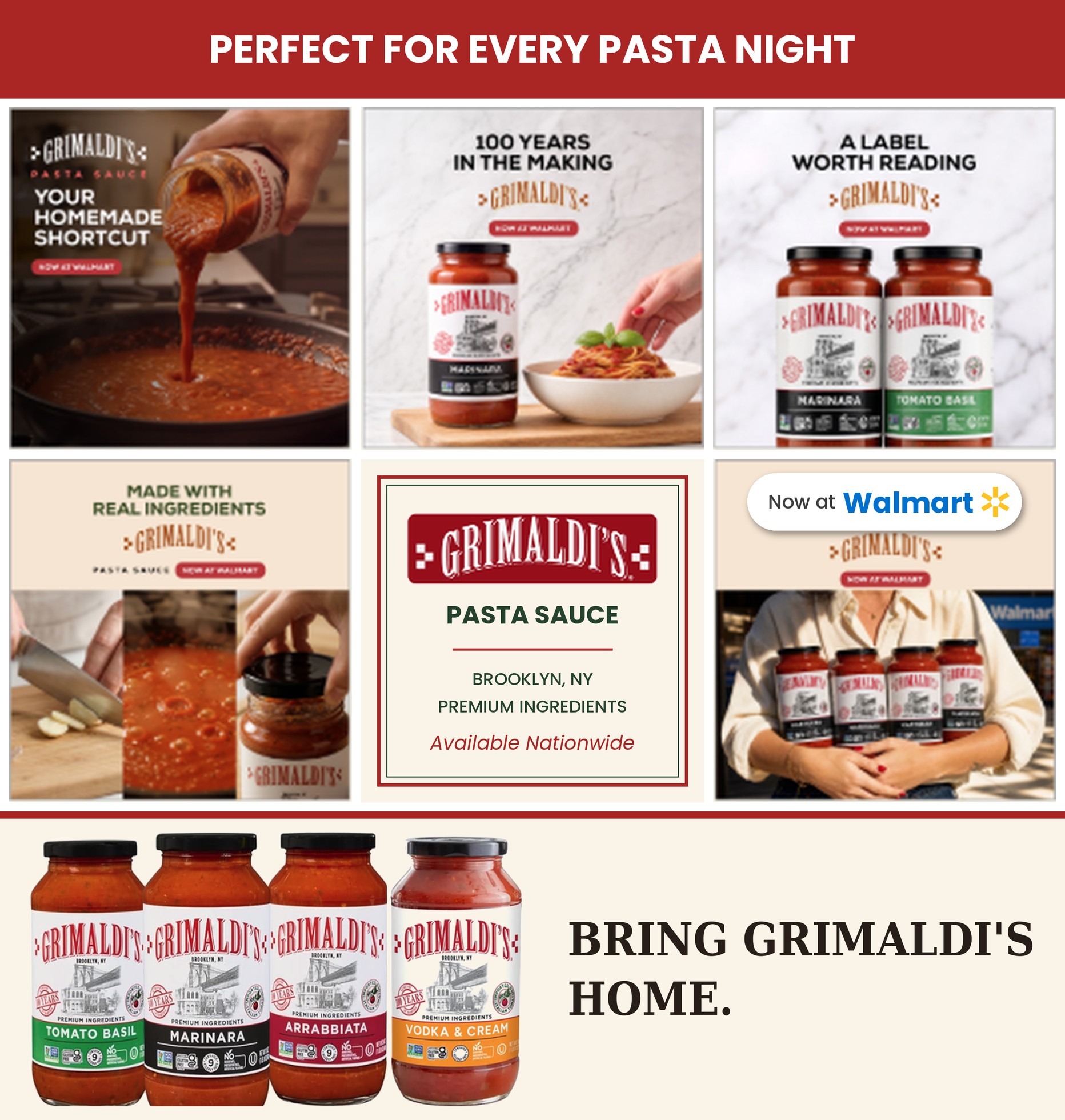 Grimaldi's pasta sauce, available nationwide and now at Walmart: Tomato Basil, Marinara, Arrabbiata and Vodka & Cream. Bring Grimaldi's home.