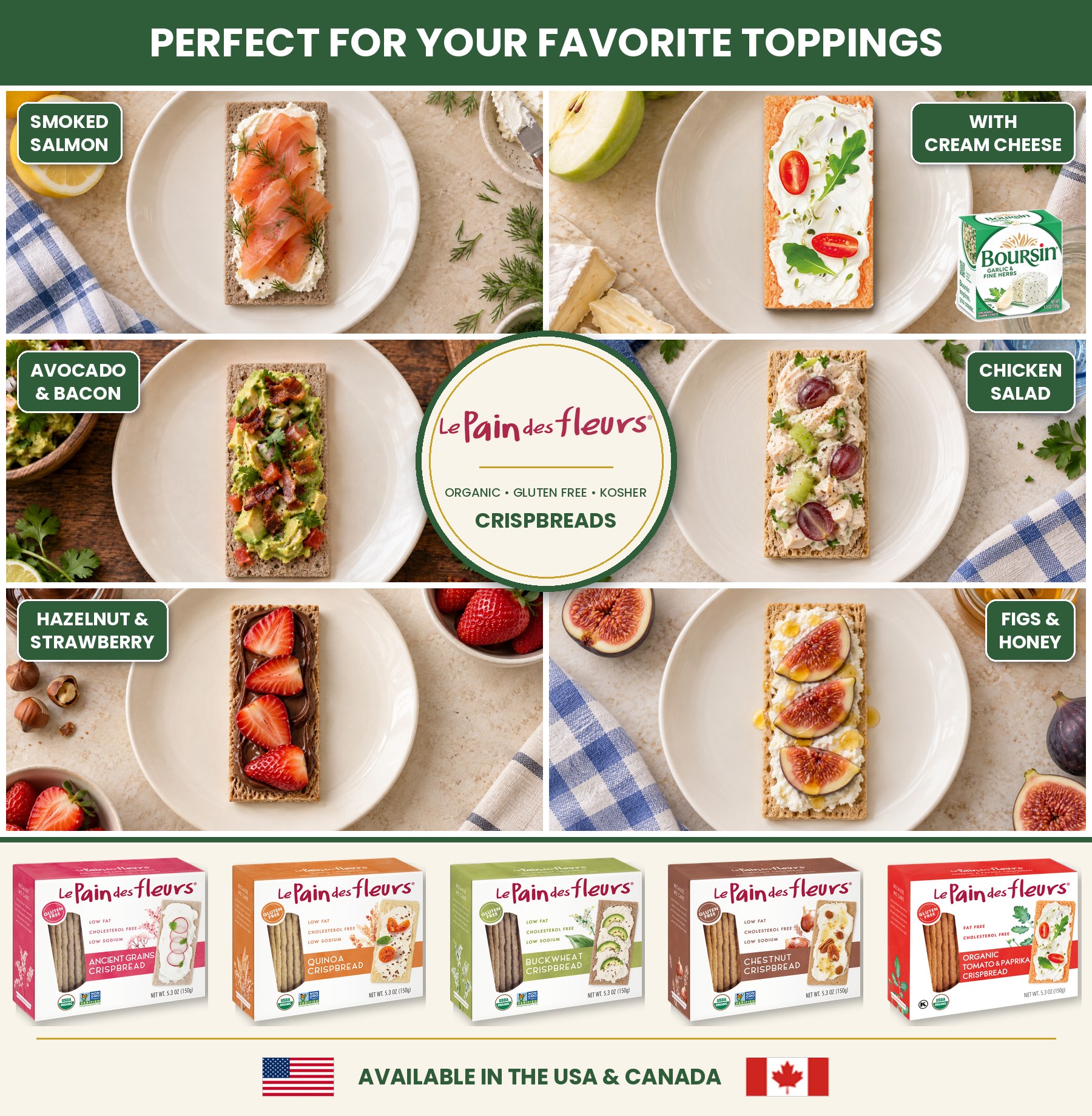 Le Pain des Fleurs organic, gluten-free, kosher crispbreads with smoked salmon, cream cheese, avocado and bacon, chicken salad, hazelnut and strawberry, and figs and honey. Available in the USA and Canada