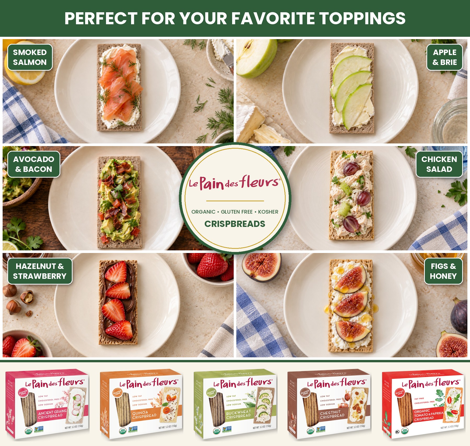 Le Pain des Fleurs organic, gluten-free, kosher crispbreads with smoked salmon, apple and brie, avocado and bacon, chicken salad, hazelnut and strawberry, and figs and honey
