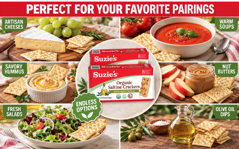 Suzie's Organic Saltine Crackers – perfect for artisan cheeses, soups, hummus, nut butters, salads and olive oil dips